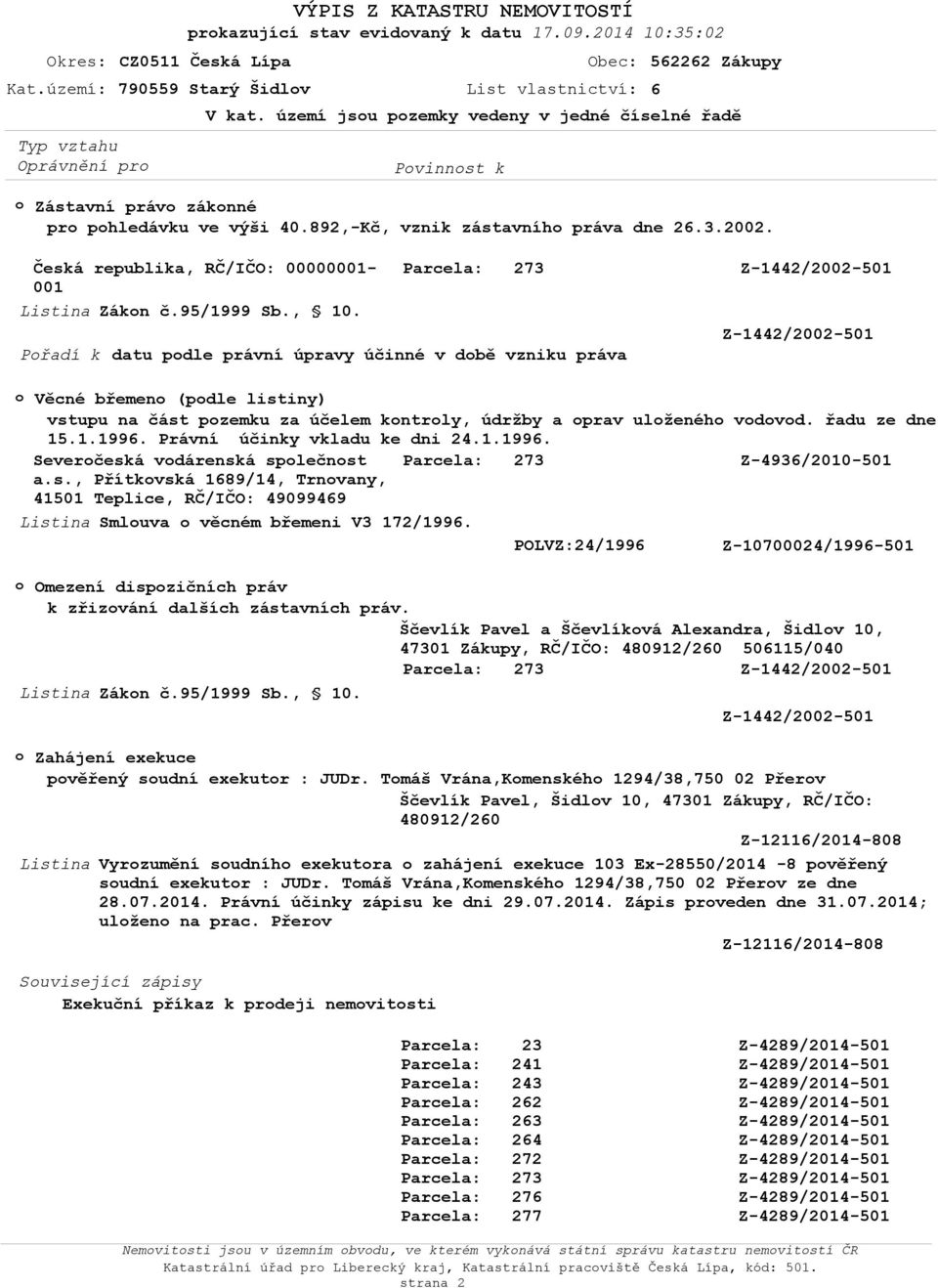 892,-Kč, vznik zástavního práva dne 26.3.2002. Česká republika, RČ/IČO: 00000001-001 Listina Zákon č.95/1999 Sb., 10.