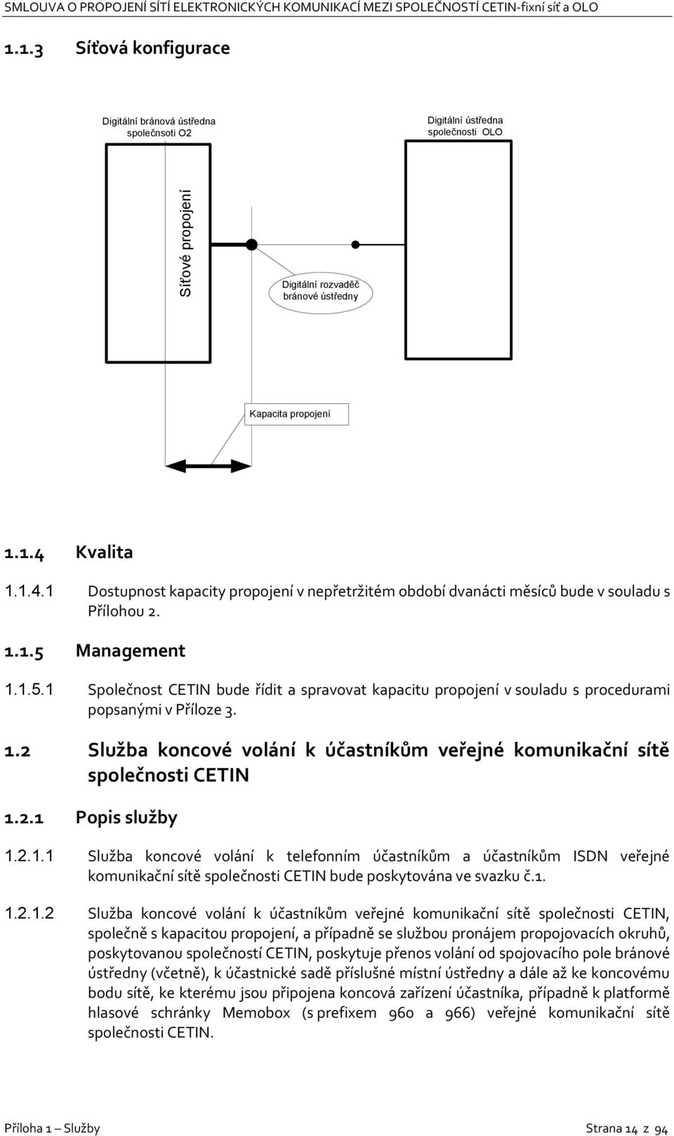 Management 1.1.5.1 Společnost CETIN bude řídit a spravovat kapacitu propojení v souladu s procedurami popsanými v Příloze 3. 1.2 Služba koncové volání k účastníkům veřejné komunikační sítě společnosti CETIN 1.