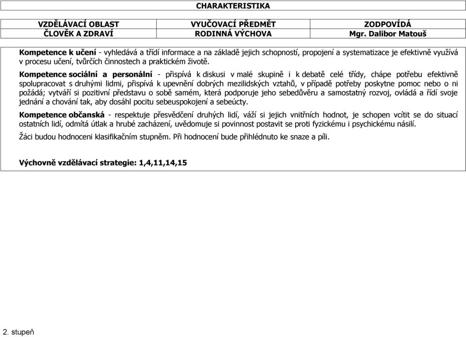 Kompetence sociální a personální - přispívá k diskusi v malé skupině i k debatě celé třídy, chápe potřebu efektivně spolupracovat s druhými lidmi, přispívá k upevnění dobrých mezilidských vztahů, v