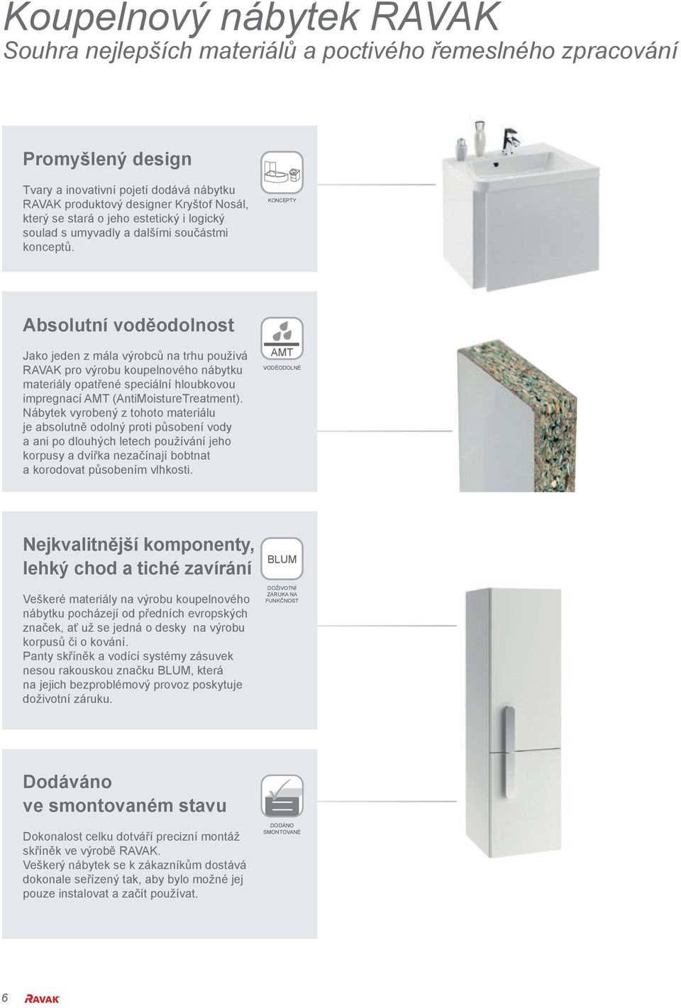 KONCEPTY Absolutní voděodolnost Jako jeden z mála výrobců na trhu použivá RAVAK pro výrobu koupelnového nábytku materiály opatřené speciální hloubkovou impregnací AMT (AntiMoistureTreatment).