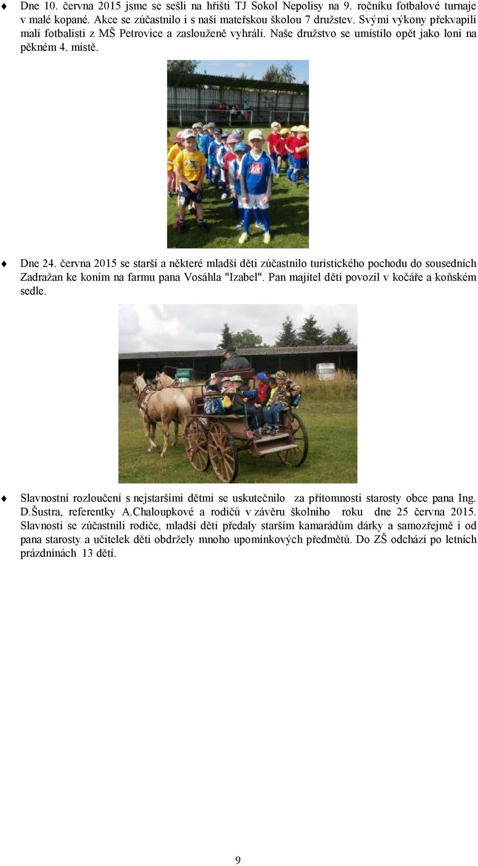 června 2015 se starší a některé mladší děti zúčastnilo turistického pochodu do sousedních Zadražan ke koním na farmu pana Vosáhla "Izabel". Pan majitel děti povozil v kočáře a koňském sedle.