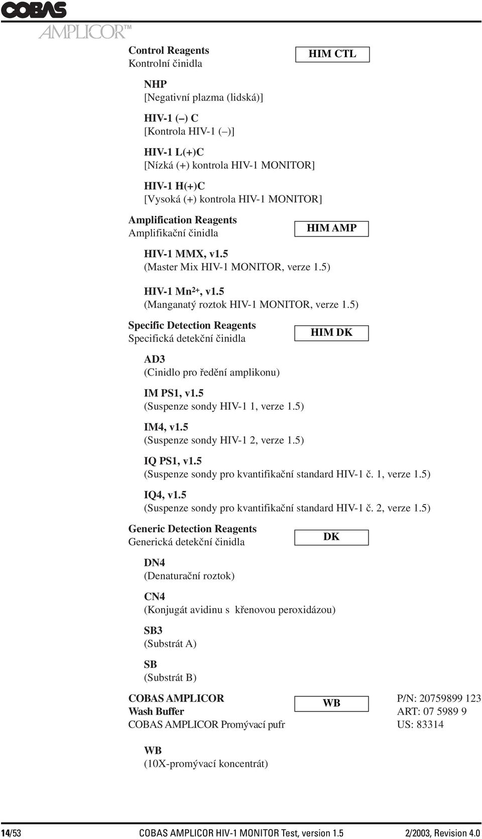 5) Specific Detection Reagents Specifická detekční činidla HIM DK AD3 (Cinidlo pro ředění amplikonu) IM PS1, v1.5 (Suspenze sondy HIV-1 1, verze 1.5) IM4, v1.5 (Suspenze sondy HIV-1 2, verze 1.