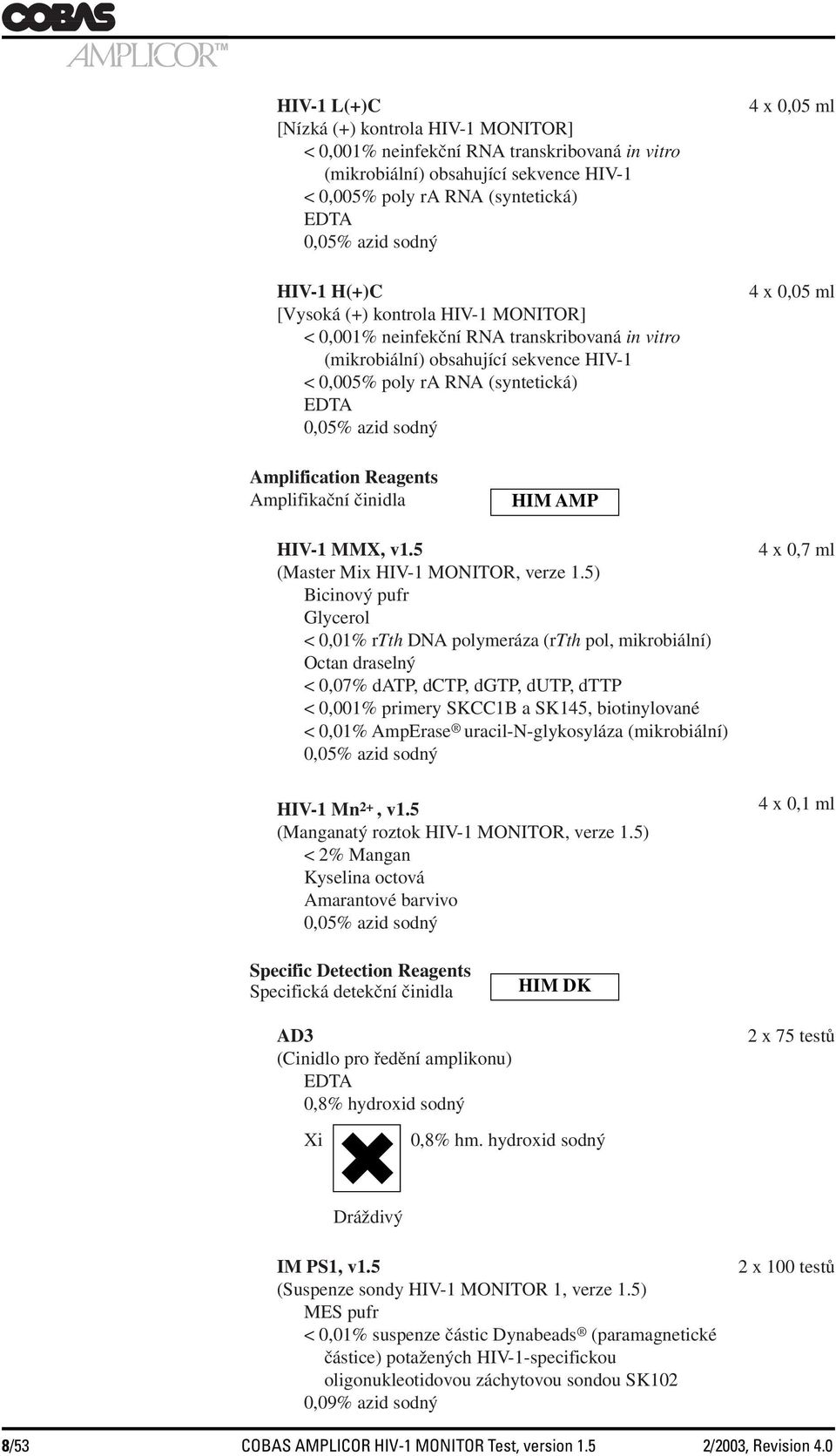 x 0,05 ml Amplification Reagents Amplifikační činidla HIM AMP HIV-1 MMX, v1.5 (Master Mix HIV-1 MONITOR, verze 1.