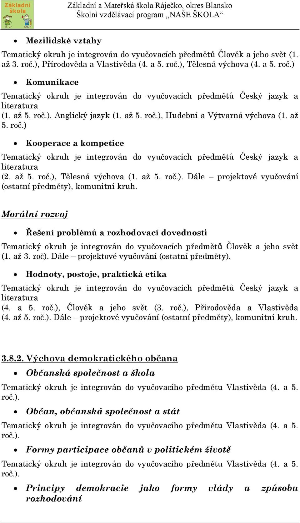 až 5. roč.). Dále projektové vyučování (ostatní předměty), komunitní kruh.