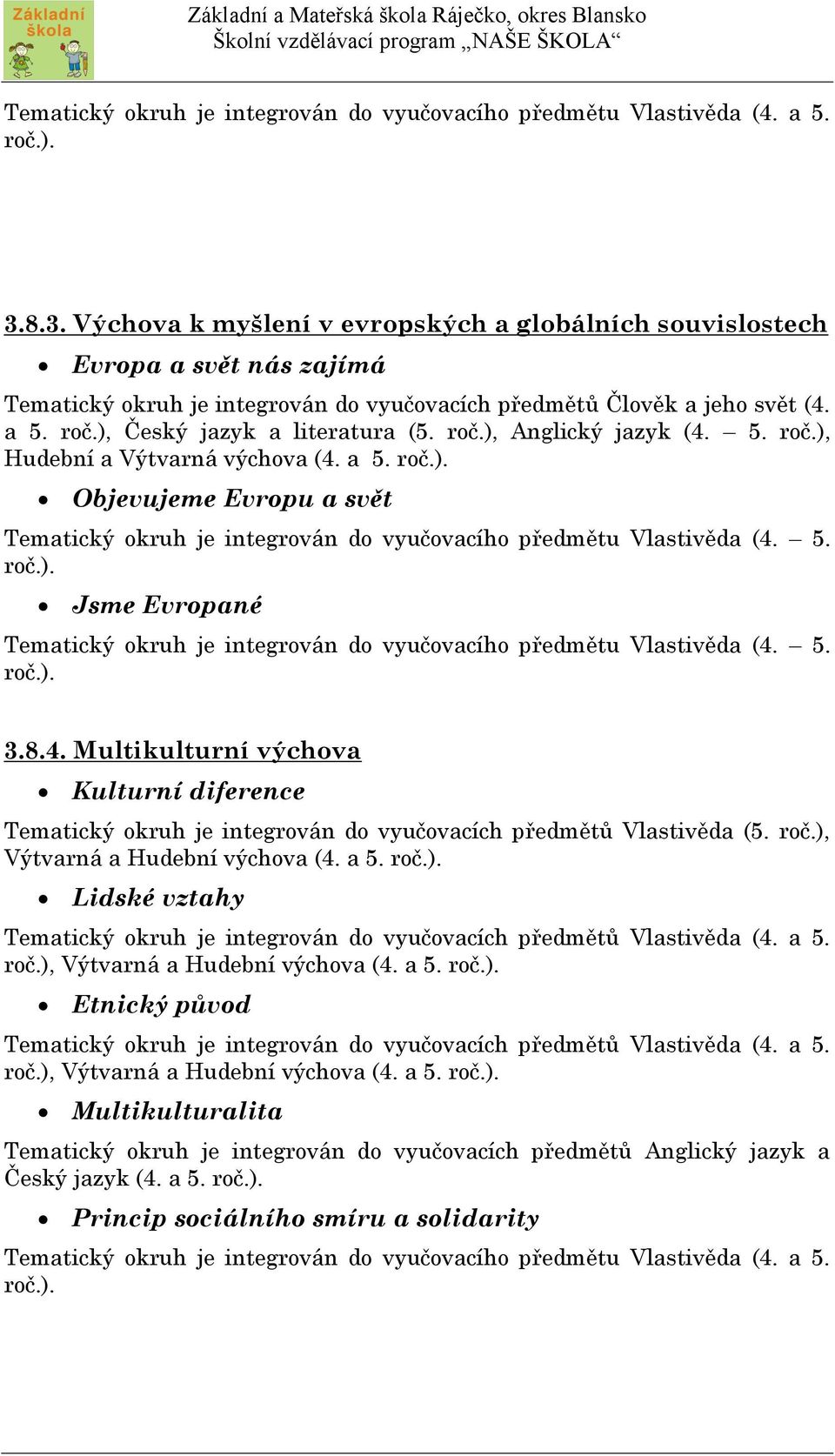 ), Český jazyk a literatura (5. roč.), Anglický jazyk (4. 5. roč.), Hudební a Výtvarná výchova (4. a 5. roč.). Objevujeme Evropu a svět Tematický okruh je integrován do vyučovacího předmětu Vlastivěda (4.