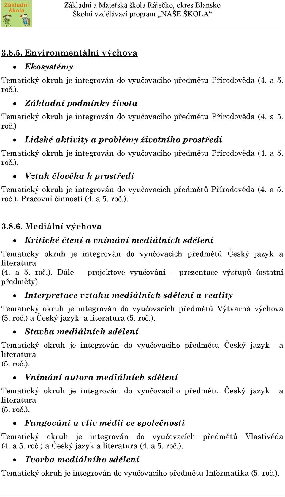 ) Lidské aktivity a problémy životního prostředí Tematický okruh je integrován do vyučovacího předmětu Přírodověda (4. a 5. roč.). Vztah člověka k prostředí Tematický okruh je integrován do vyučovacích předmětů Přírodověda (4.