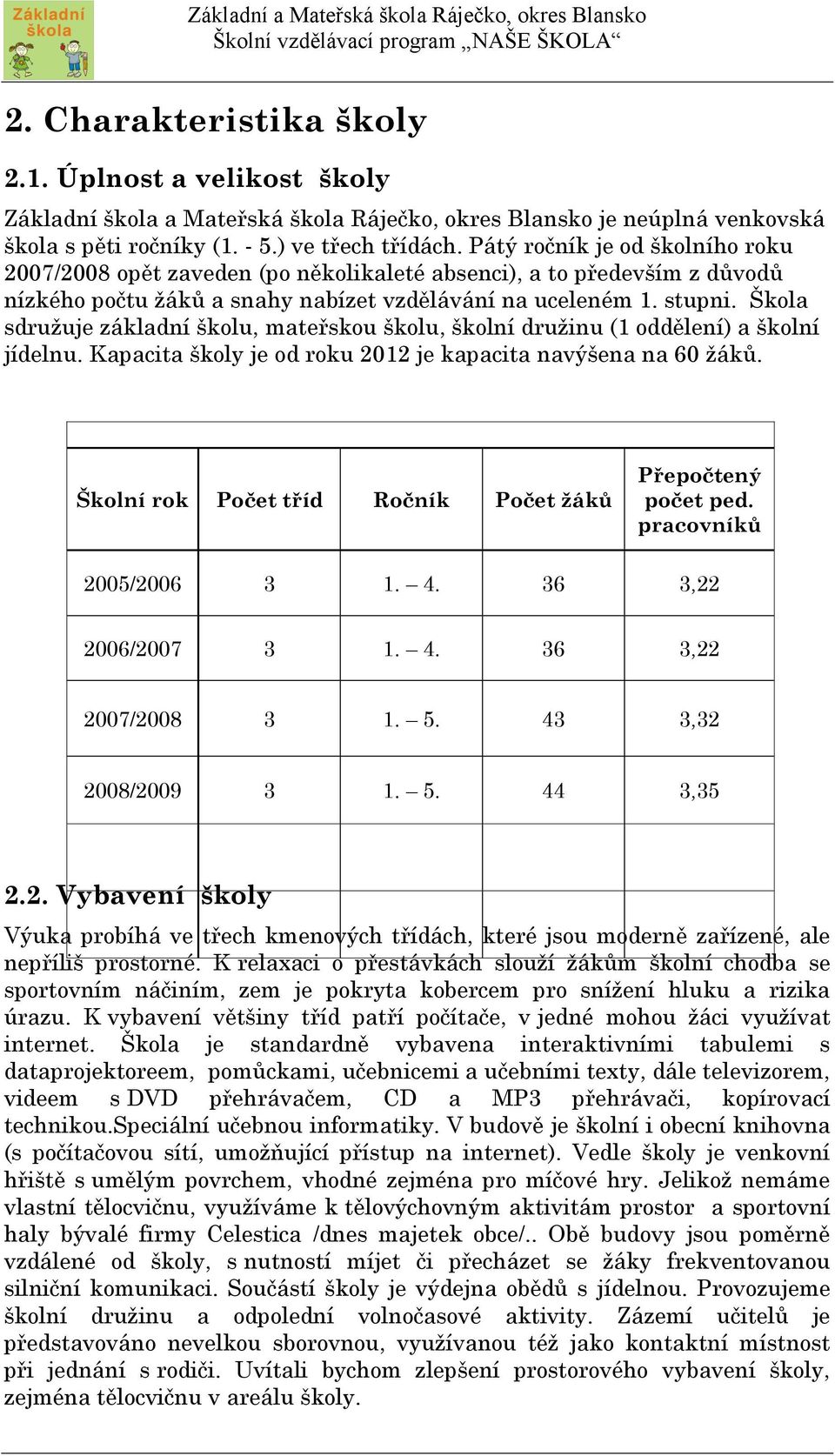 Škola sdružuje základní školu, mateřskou školu, školní družinu (1 oddělení) a školní jídelnu. Kapacita školy je od roku 2012 je kapacita navýšena na 60 žáků.