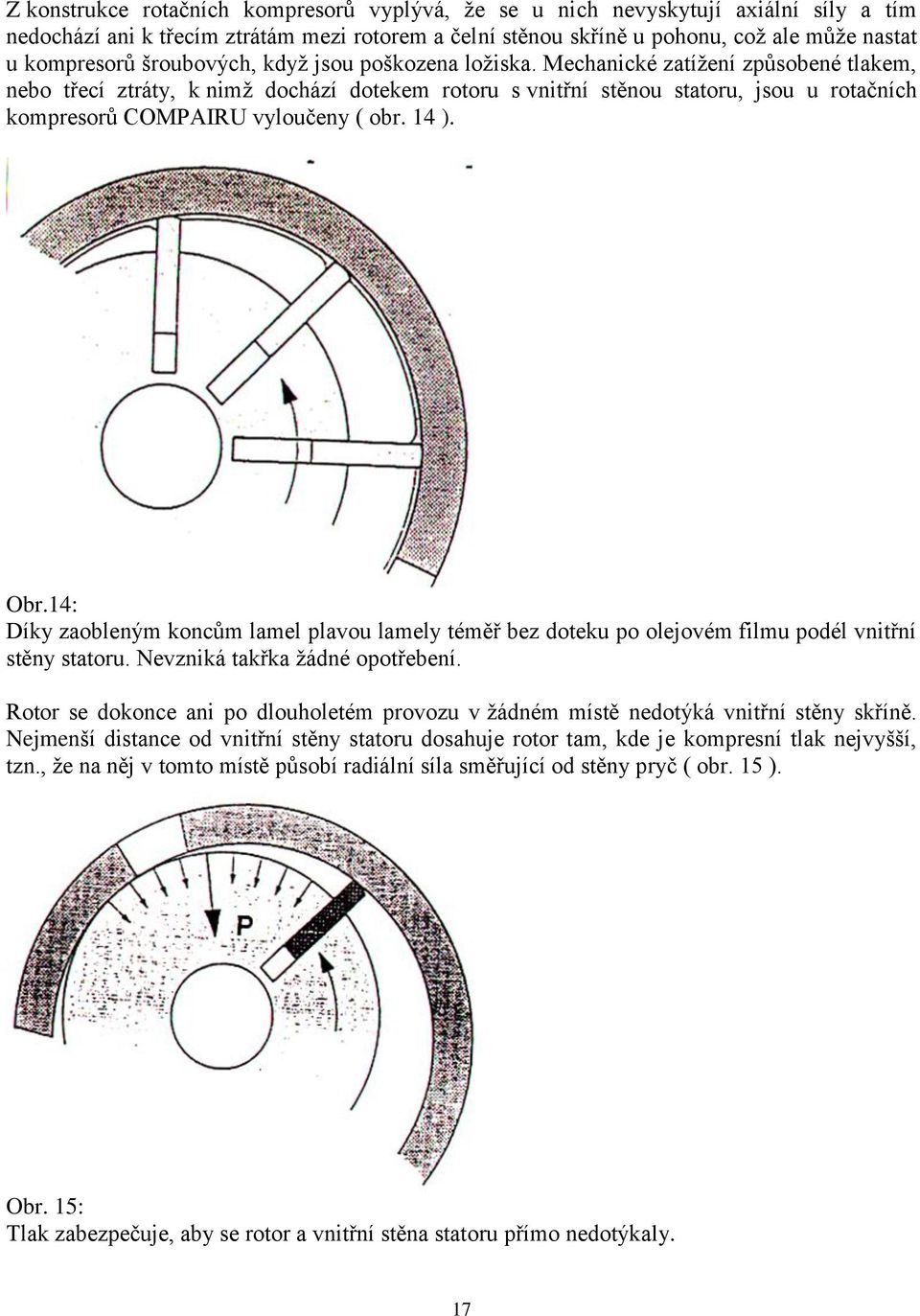 Mechanické zatížení způsobené tlakem, nebo třecí ztráty, k nimž dochází dotekem rotoru s vnitřní stěnou statoru, jsou u rotačních kompresorů COMPAIRU vyloučeny ( obr. 14 ). Obr.