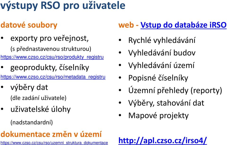 cz/csu/rso/metadata_registru výběry dat (dle zadání uživatele) uživatelské úlohy (nadstandardní) dokumentace změn v území https://www.