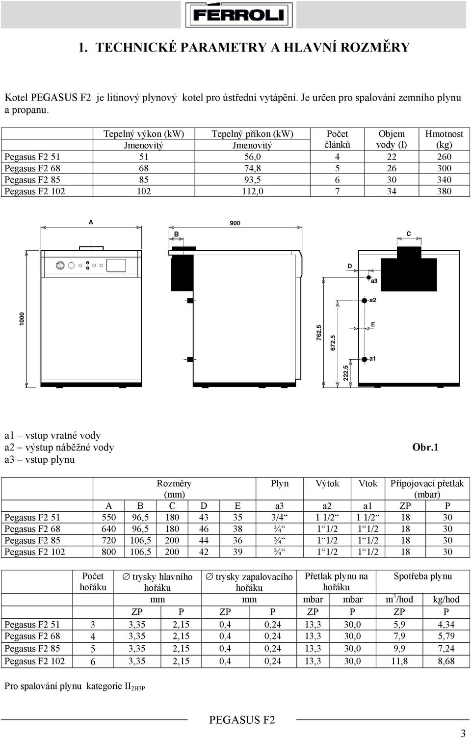 Pegasus F2 102 102 112,0 7 34 380 a1 vstup vratné vody a2 výstup náběžné vody a3 vstup plynu Obr.