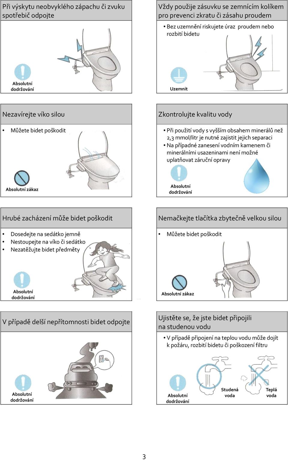 případné zanesení vodním kamenem či minerálními usazeninami není možné uplatňovat záruční opravy Absolutní dodržování Absolutní zákaz Hrubé zacházení může bidet poškodit Nemačkejte tlačítka zbytečně