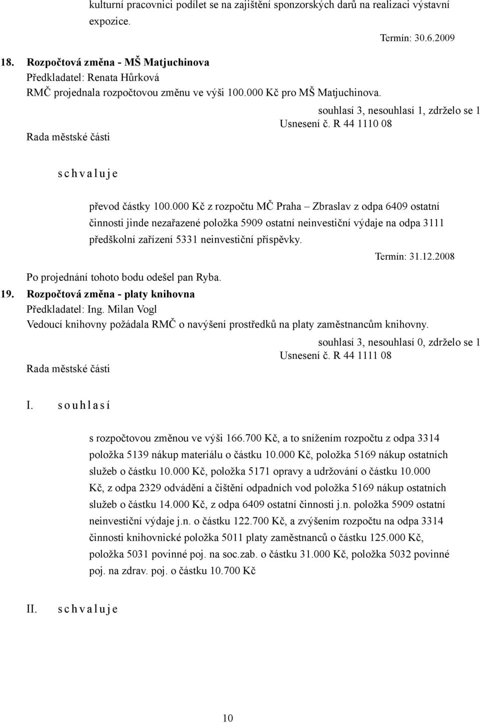 000 Kč z rozpočtu MČ Praha Zbraslav z odpa 6409 ostatní činnosti jinde nezařazené položka 5909 ostatní neinvestiční výdaje na odpa 3111 předškolní zařízení 5331 neinvestiční příspěvky.