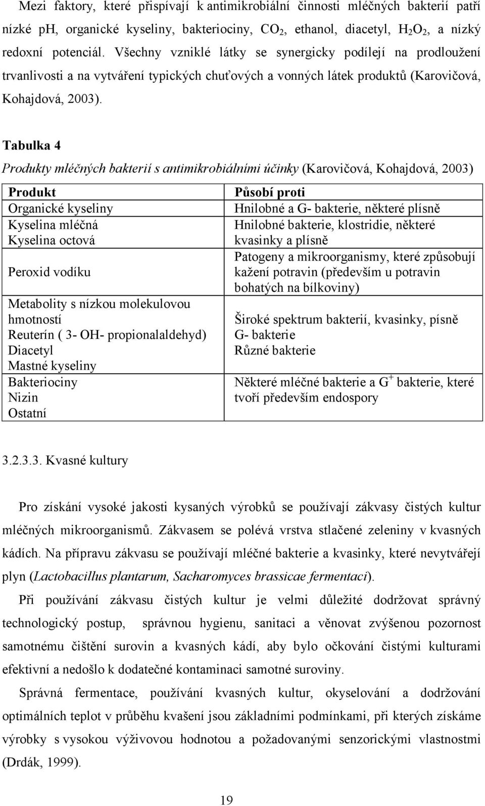 Tabulka 4 Produkty mléčných bakterií s antimikrobiálními účinky (Karovičová, Kohajdová, 2003) Produkt Organické kyseliny Kyselina mléčná Kyselina octová Peroxid vodíku Metabolity s nízkou molekulovou