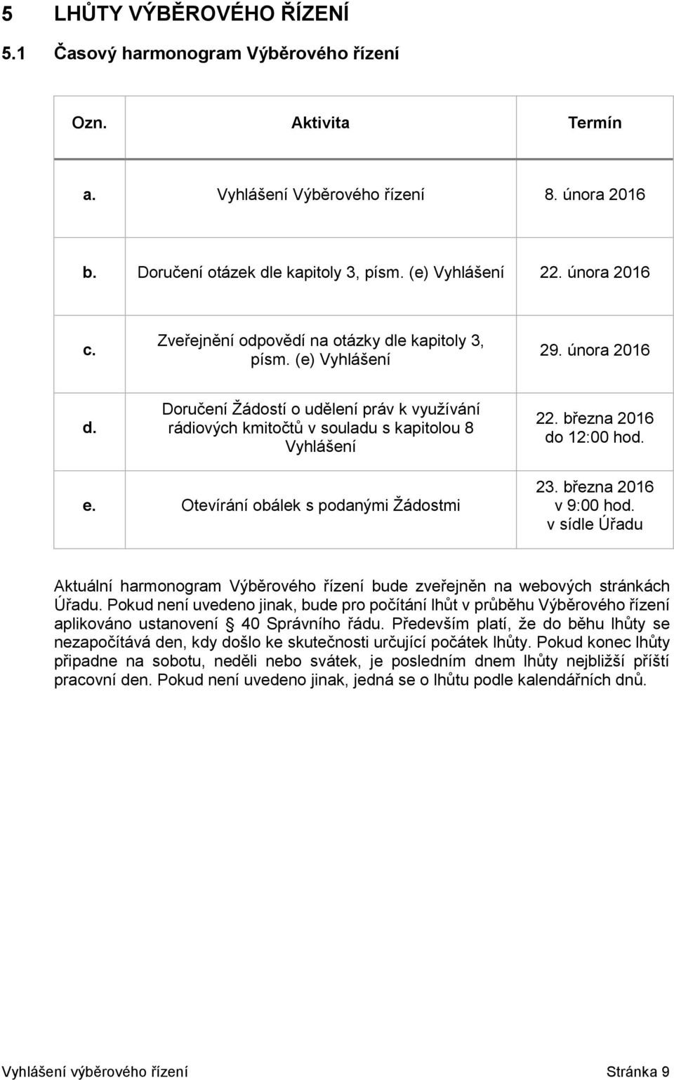 března 2016 do 12:00 hod. e. Otevírání obálek s podanými Žádostmi 23. března 2016 v 9:00 hod. v sídle Úřadu Aktuální harmonogram Výběrového řízení bude zveřejněn na webových stránkách Úřadu.