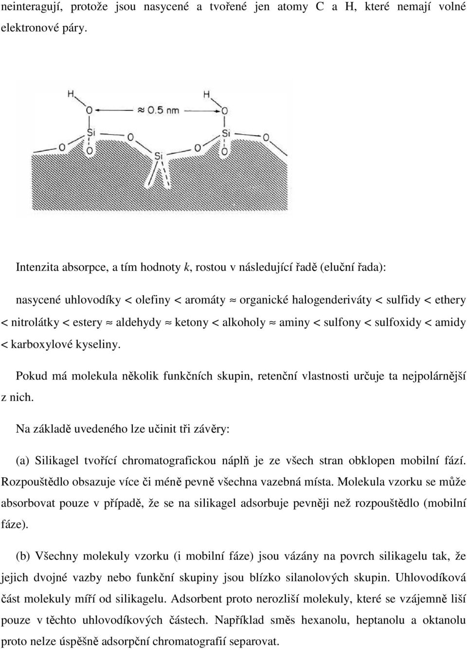 ketony < alkoholy aminy < sulfony < sulfoxidy < amidy < karboxylové kyseliny. Pokud má molekula několik funkčních skupin, retenční vlastnosti určuje ta nejpolárnější z nich.