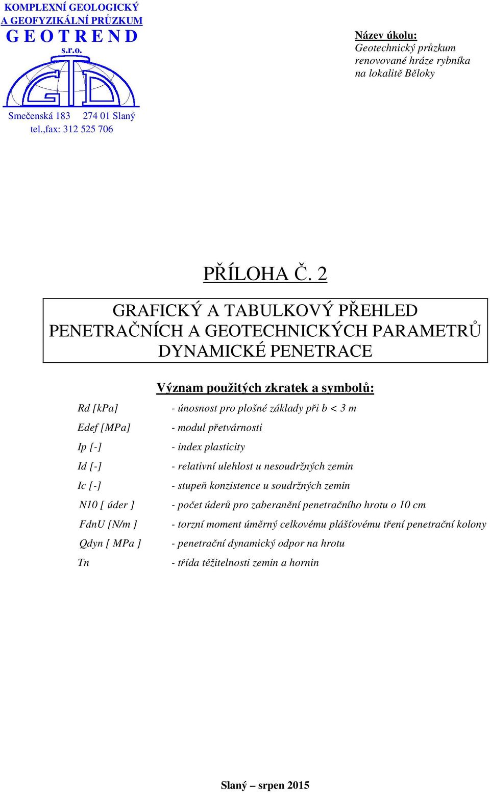 2 GRAFICKÝ A TABULKOVÝ PŘEHLED PENETRAČNÍCH A GEOTECHNICKÝCH PARAMETRŮ DYNAMICKÉ PENETRACE Rd [kpa] Edef [MPa] Ip [-] Id [-] Ic [-] N10 [ úder ] FdnU [N/m ] Qdyn [ MPa ] Tn Význam použitých zkratek