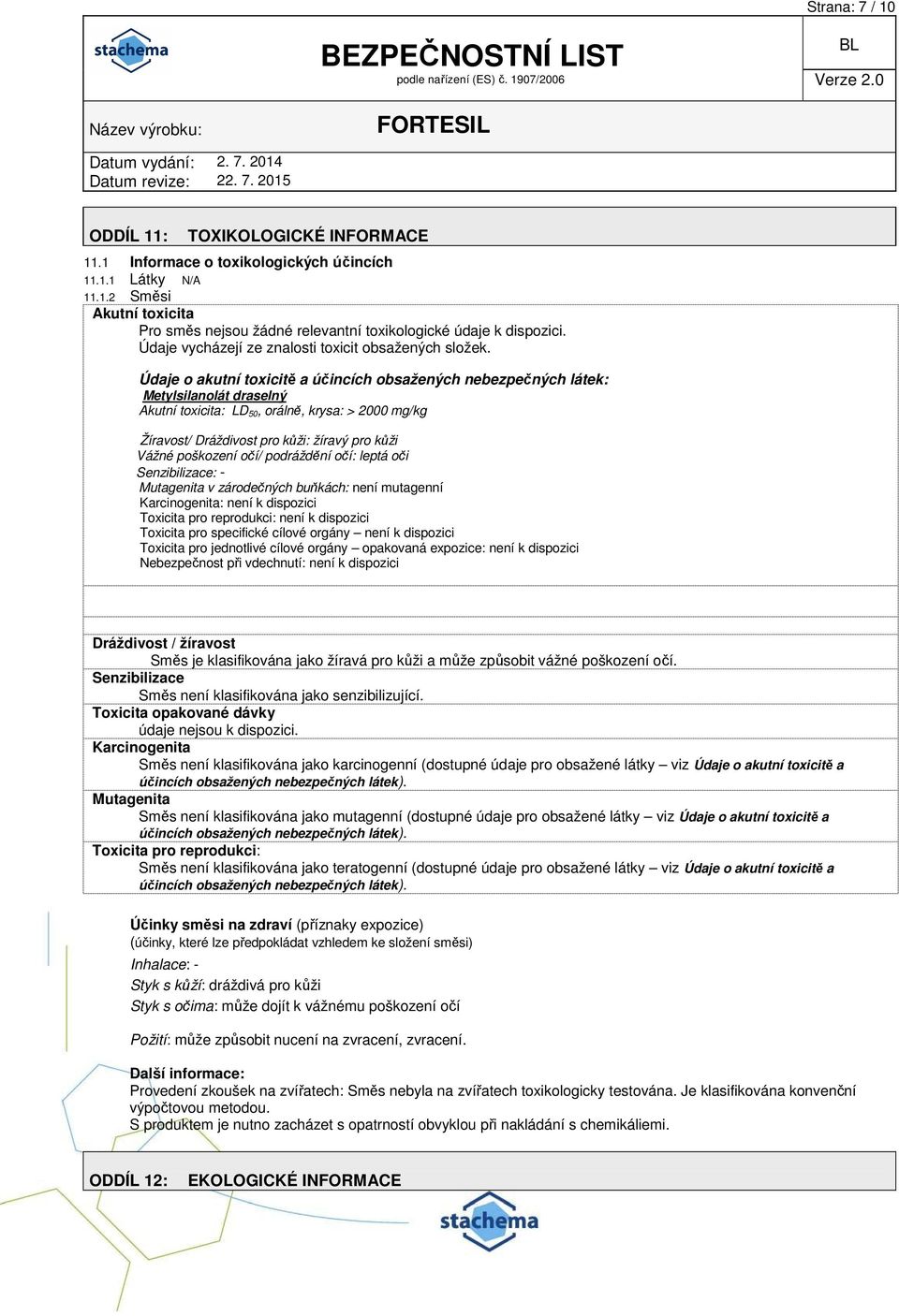 Údaje o akutní toxicitě a účincích obsažených nebezpečných látek: Metylsilanolát draselný Akutní toxicita: LD 50, orálně, krysa: > 2000 mg/kg Žíravost/ Dráždivost pro kůži: žíravý pro kůži Vážné