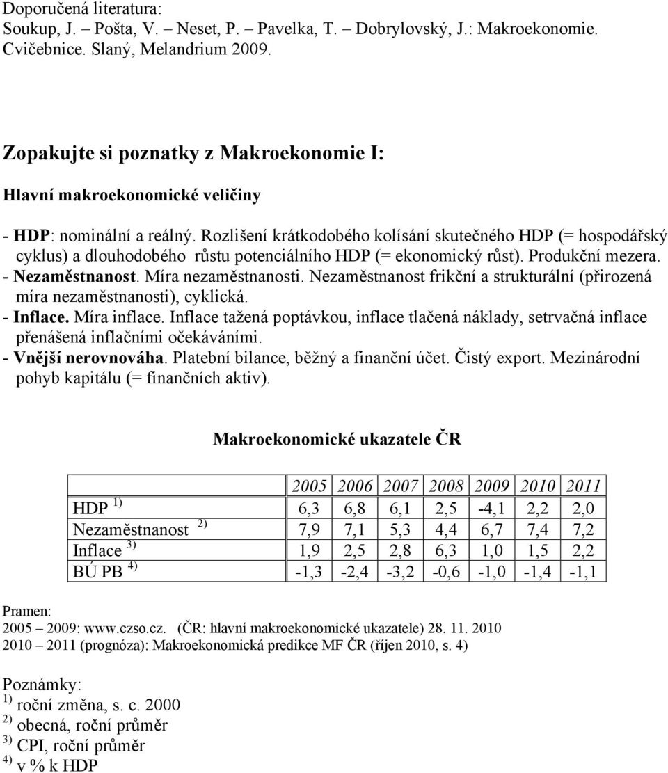 Rozlišení krátkodobého kolísání skutečného HDP (= hospodářský cyklus) a dlouhodobého růstu potenciálního HDP (= ekonomický růst). Produkční mezera. - Nezaměstnanost. Míra nezaměstnanosti.