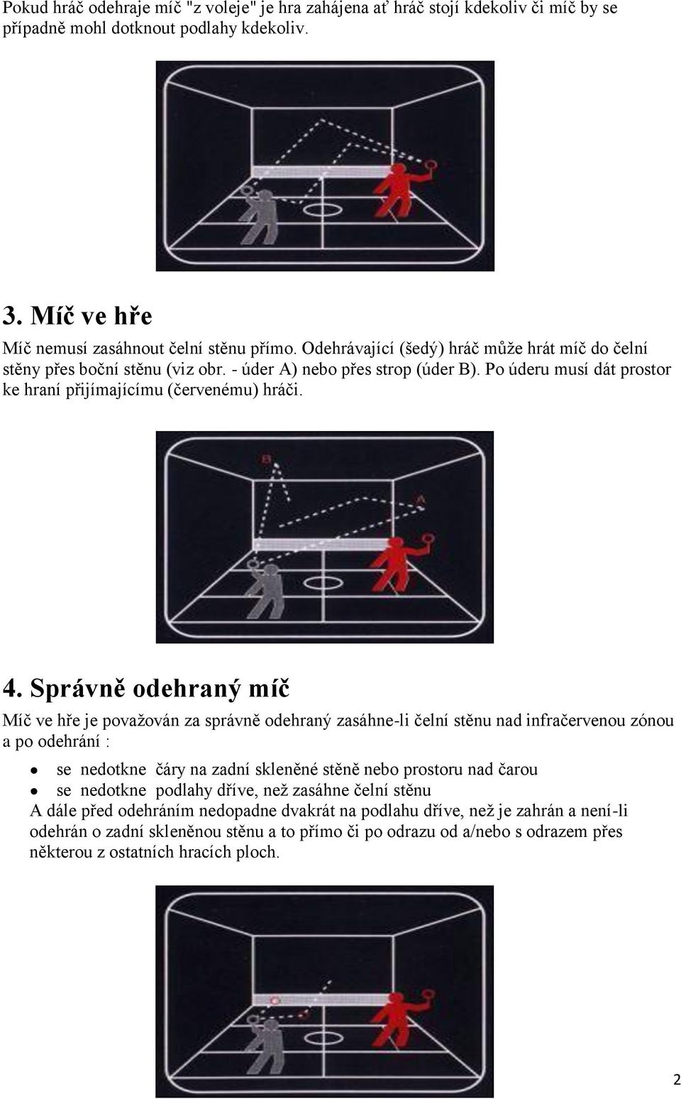 Správně odehraný míč Míč ve hře je považován za správně odehraný zasáhne-li čelní stěnu nad infračervenou zónou a po odehrání : se nedotkne čáry na zadní skleněné stěně nebo prostoru nad čarou se