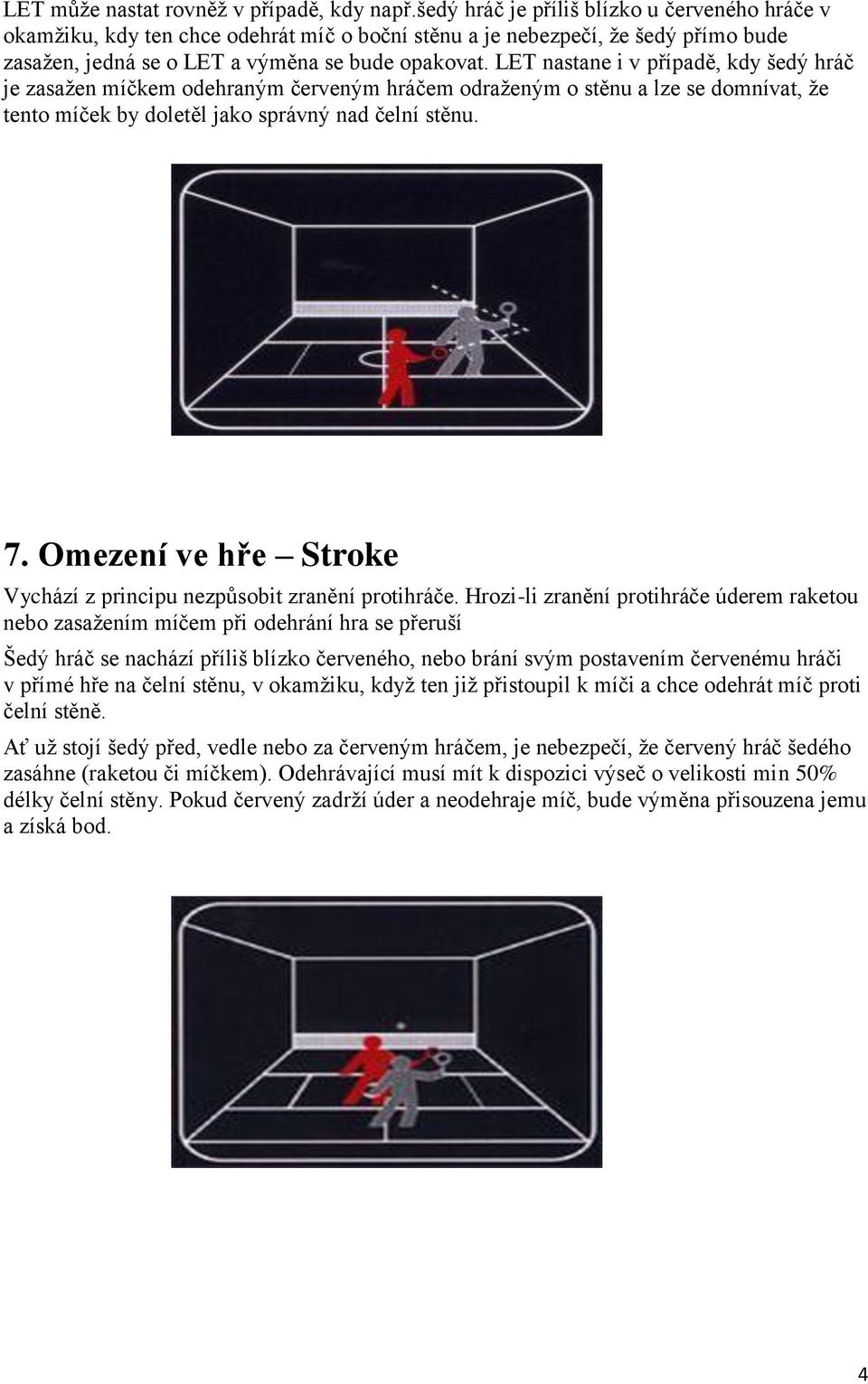 LET nastane i v případě, kdy šedý hráč je zasažen míčkem odehraným červeným hráčem odraženým o stěnu a lze se domnívat, že tento míček by doletěl jako správný nad čelní stěnu. 7.