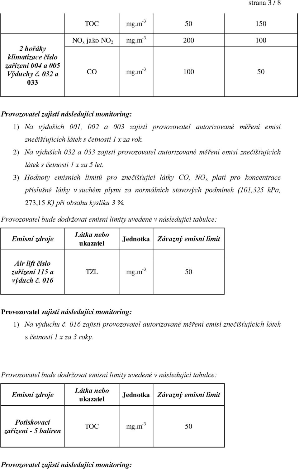 2) Na výduších 032 a 033 zajistí provozovatel autorizované měření emisí znečišťujících látek s četností 1 x za 5 let.