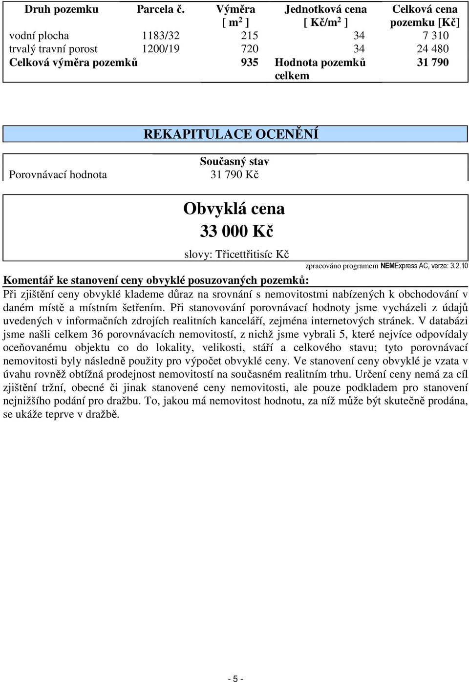 790 REKAPITULACE OCENĚNÍ Porovnávací hodnota Současný stav 31 790 Kč Obvyklá cena 33 000 Kč slovy: Třicettřitisíc Kč zpracováno programem NEMExpress AC, verze: 3.2.