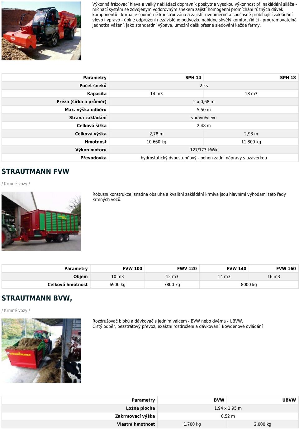 jednotka vážení, jako standardní výbava, umožní další přesné sledování každé farmy. STRAUTMANN FVW Parametry SPH 14 SPH 18 Počet šneků Fréza (šířka a průměr) Max.