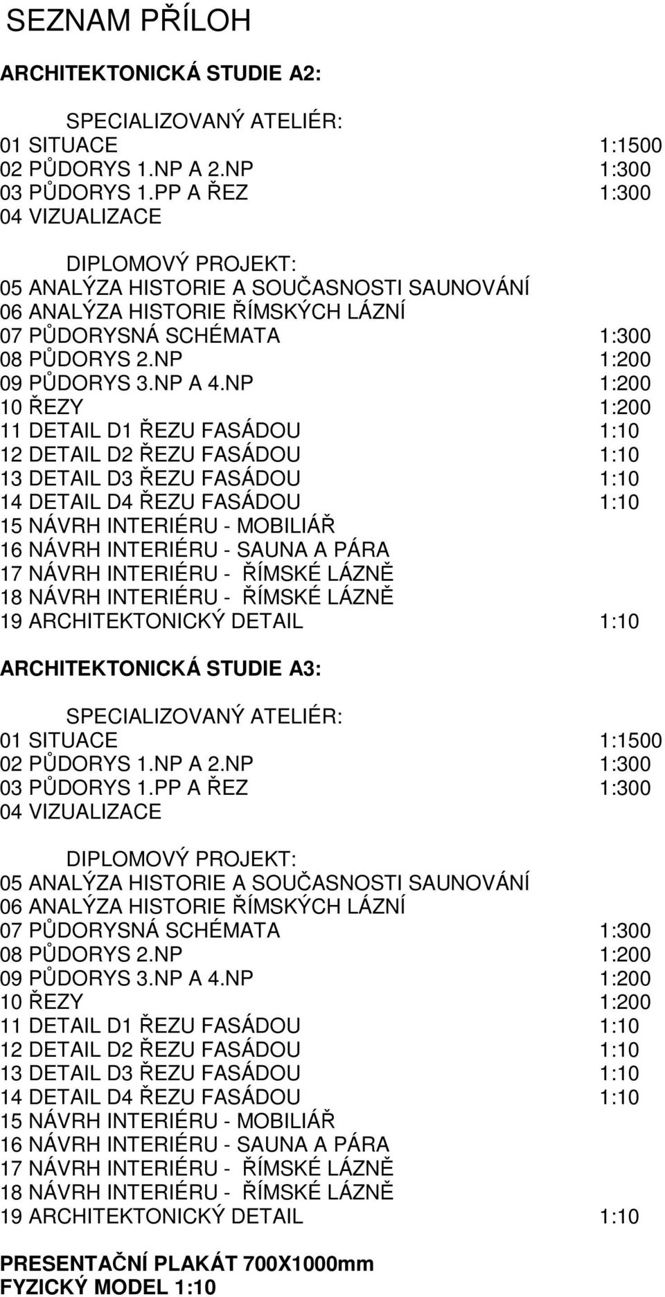 NP 1:200 10 ŘEZY 1:200 11 DETAIL D1 ŘEZU FASÁDOU 1:10 12 DETAIL D2 ŘEZU FASÁDOU 1:10 13 DETAIL D3 ŘEZU FASÁDOU 1:10 14 DETAIL D4 ŘEZU FASÁDOU 1:10 15 NÁVRH INTERIÉRU - MOBILIÁŘ 16 NÁVRH INTERIÉRU -