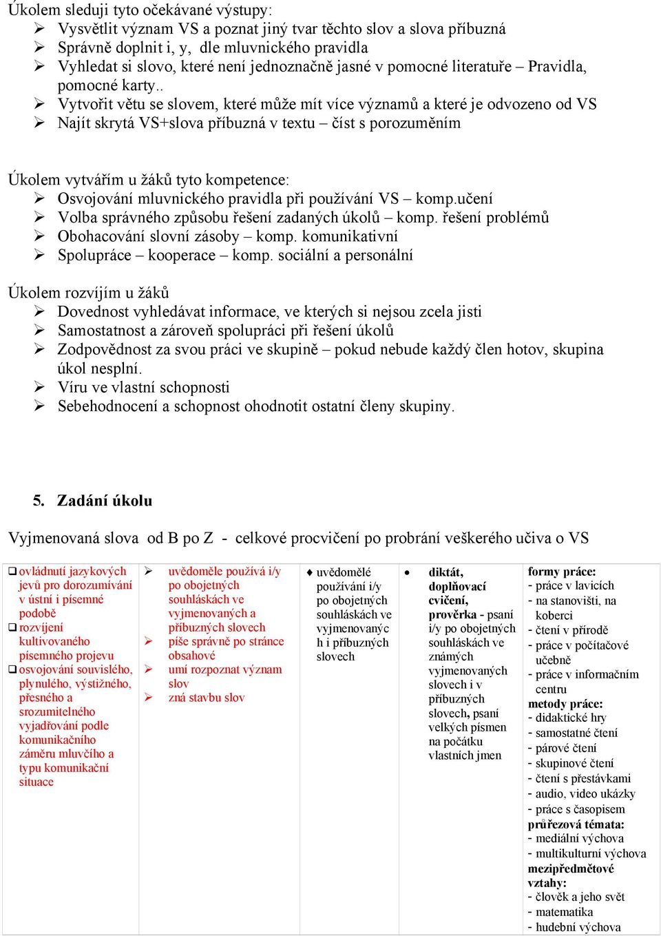 . Vytvořit větu se slovem, které může mít více významů a které je odvozeno od VS Najít skrytá VS+slova příbuzná v textu číst s porozuměním Úkolem vytvářím u žáků tyto kompetence: Osvojování