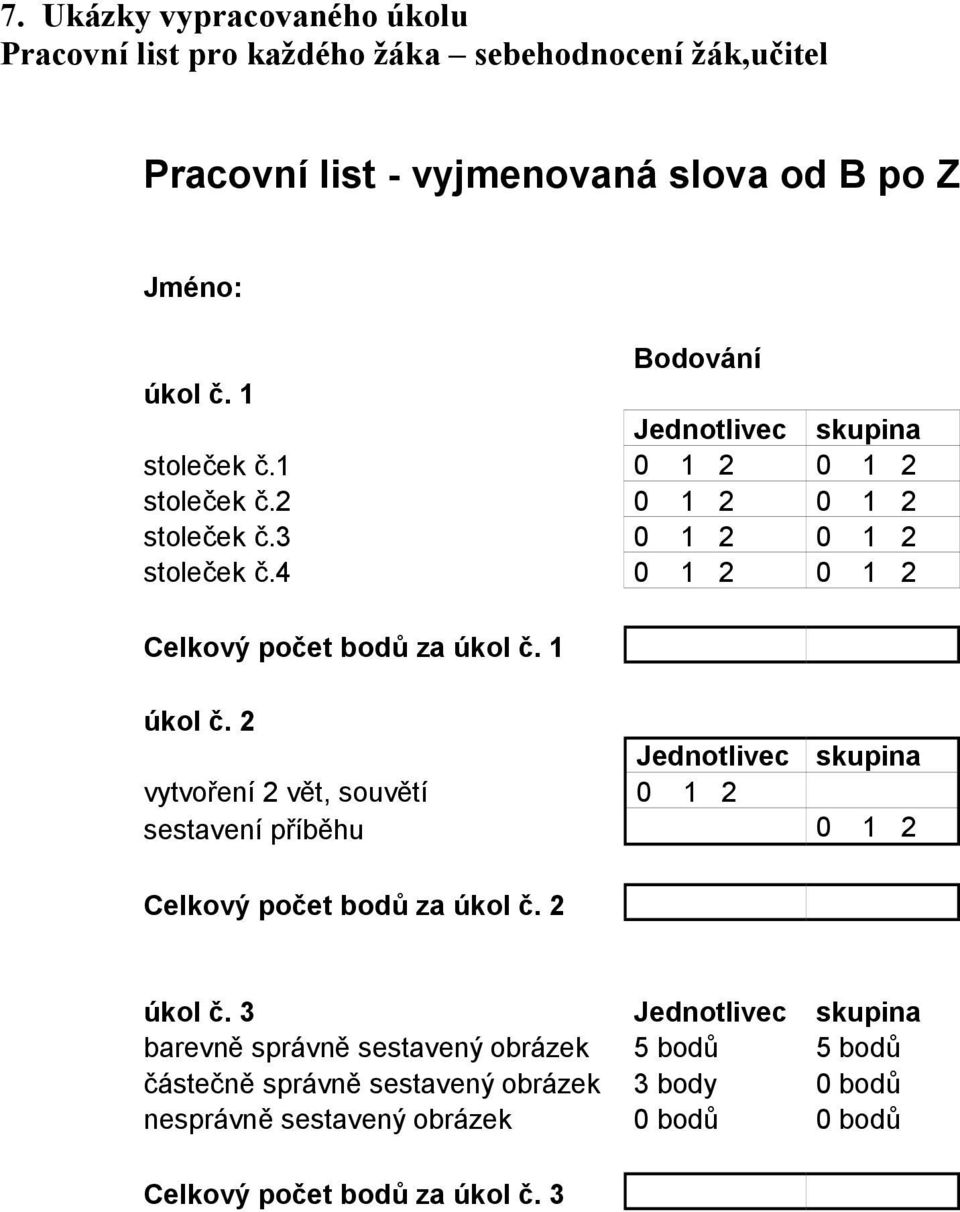 1 úkol č. 2 Jednotlivec skupina vytvoření 2 vět, souvětí 0 1 2 sestavení příběhu 0 1 2 Celkový počet bodů za úkol č. 2 úkol č.