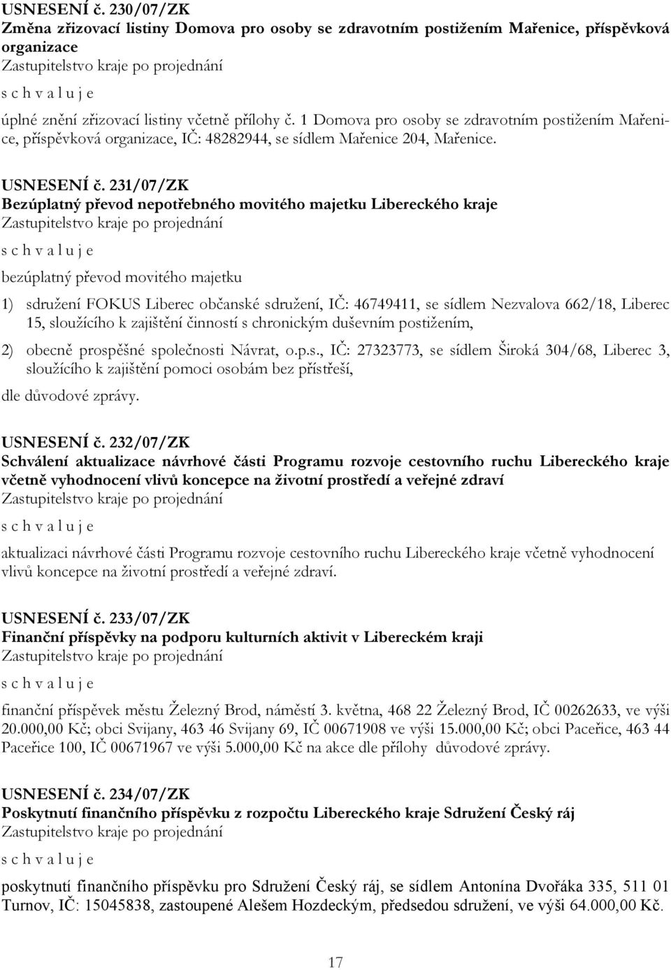 231/07/ZK Bezúplatný převod nepotřebného movitého majetku Libereckého kraje bezúplatný převod movitého majetku 1) sdružení FOKUS Liberec občanské sdružení, IČ: 46749411, se sídlem Nezvalova 662/18,