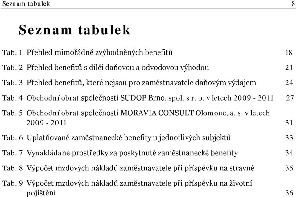 5 Obchodní obrat společnosti MORAVIA CONSULT Olomouc, a. s. v letech 2009-2011 31 Tab. 6 Uplatňované zaměstnanecké benefity u jednotlivých subjektů 33 Tab.