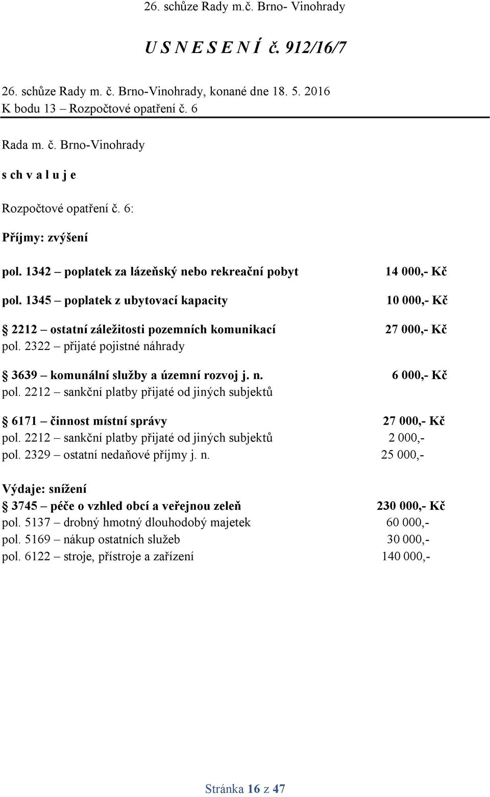 2322 přijaté pojistné náhrady 3639 komunální služby a územní rozvoj j. n. 6 000,- Kč pol. 2212 sankční platby přijaté od jiných subjektů 6171 činnost místní správy 27 000,- Kč pol.