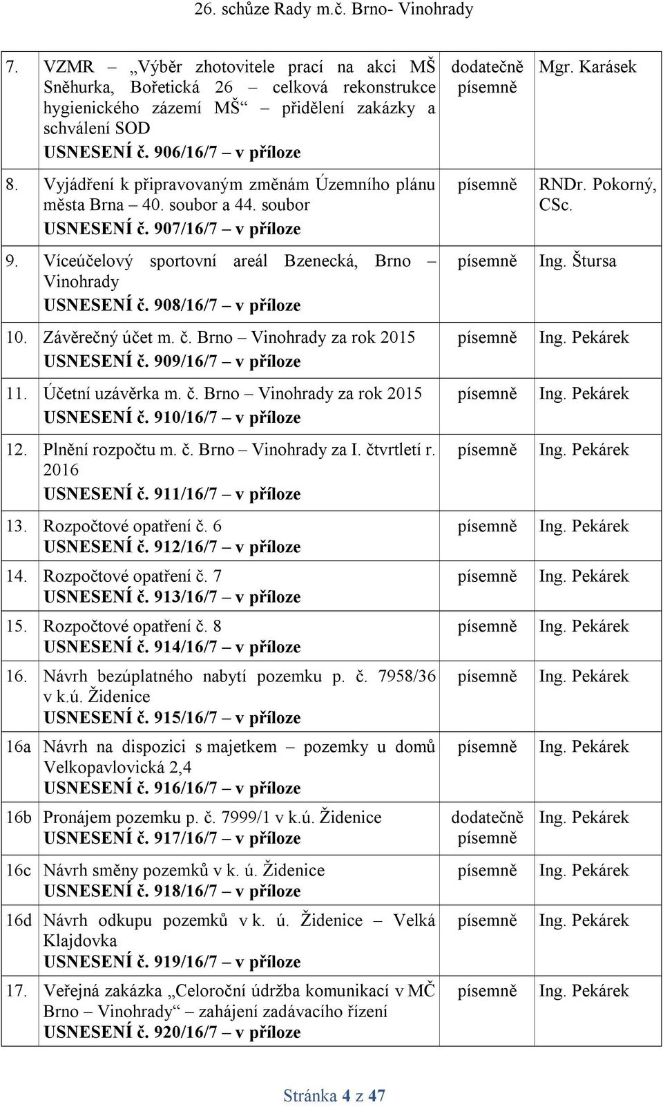 908/16/7 v příloze 10. Závěrečný účet m. č. Brno Vinohrady za rok 2015 USNESENÍ č. 909/16/7 v příloze 11. Účetní uzávěrka m. č. Brno Vinohrady za rok 2015 USNESENÍ č. 910/16/7 v příloze 12.