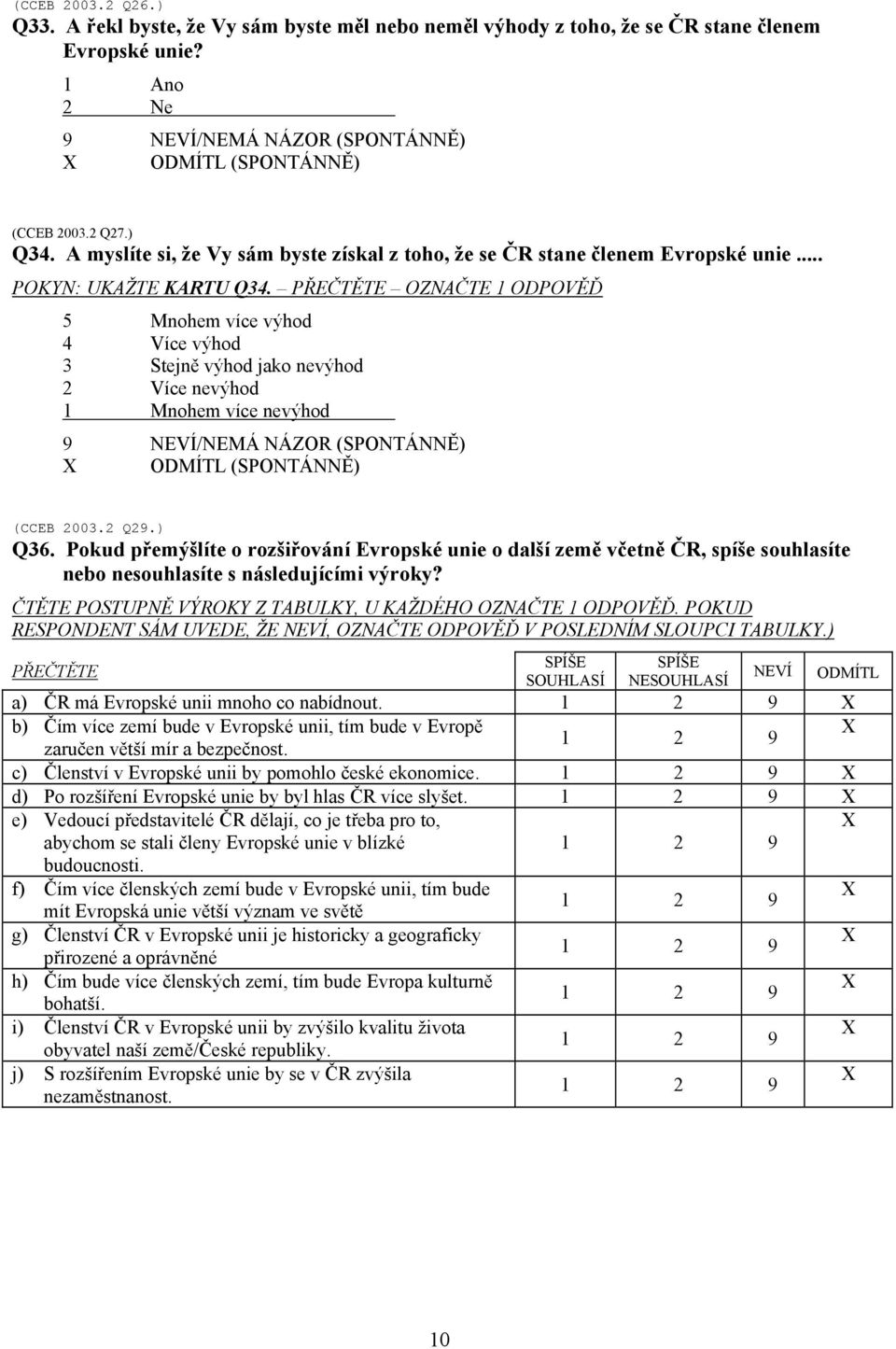 PŘEČTĚTE OZNAČTE 1 ODPOVĚĎ 5 Mnohem více výhod 4 Více výhod 3 Stejně výhod jako nevýhod 2 Více nevýhod 1 Mnohem více nevýhod 9 NEVÍ/NEMÁ NÁZOR (SPONTÁNNĚ) (CCEB 2003.2 Q29.) Q36.