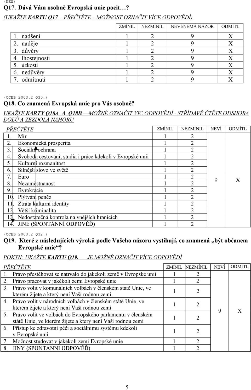 UKAŽTE KARTY Q18A A Q18B MOŽNÉ OZNAČIT VÍC ODPOVĚDÍ - STŘÍDAVĚ ČTĚTE ODSHORA DOLŮ A ZEZDOLA NAHORU PŘEČTĚTE ZMÍNIL NEZMÍNIL NEVÍ ODMÍTL 1. Mír 1 2 2. Ekonomická prosperita 1 2 3.