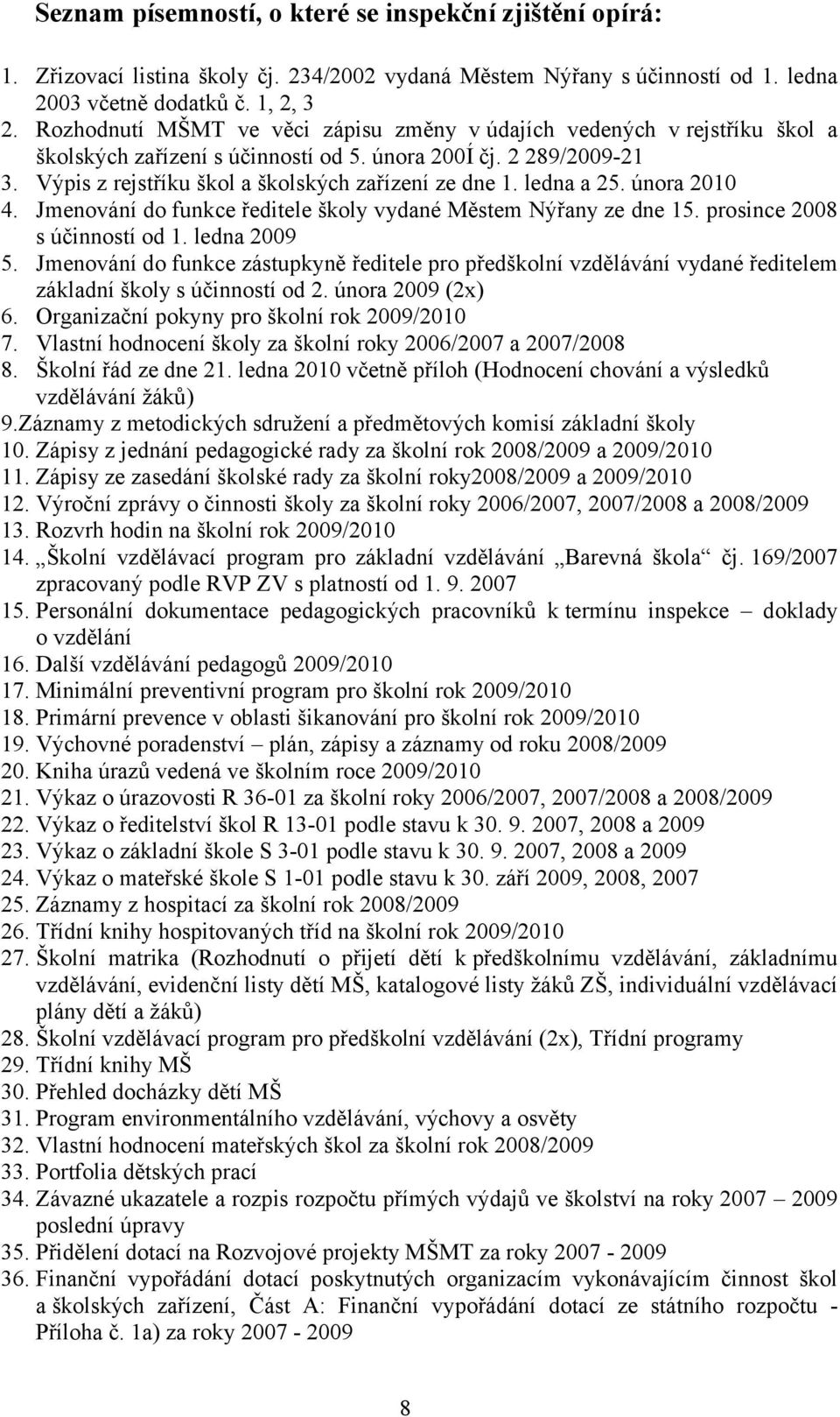 ledna a 25. února 2010 4. Jmenování do funkce ředitele školy vydané Městem Nýřany ze dne 15. prosince 2008 s účinností od 1. ledna 2009 5.