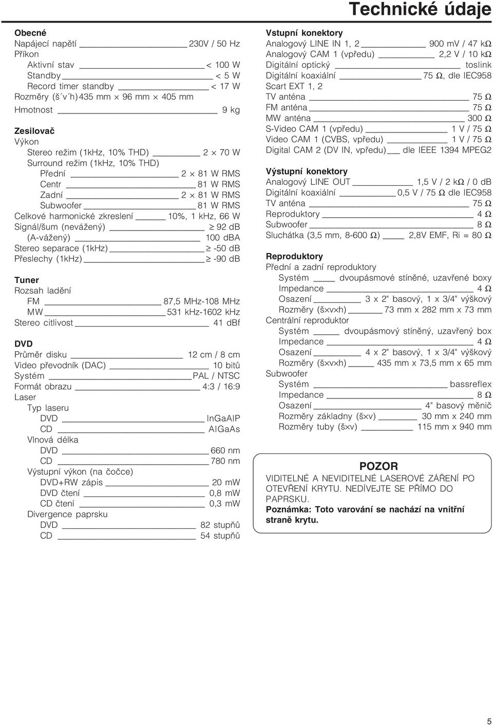 (A-vážený) 100 dba Stereo separace (1kHz) -50 db Přeslechy (1kHz) -90 db Tuner Rozsah ladění FM 87,5 MHz-108 MHz MW 531 khz-1602 khz Stereo citlivost 41 dbf DVD Průměr disku 12 cm / 8 cm Video