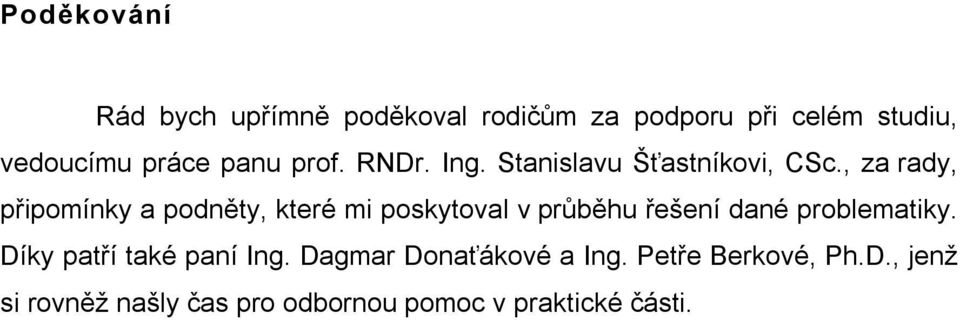 , za rady, připomínky a podněty, které mi poskytoval v průběhu řešení dané problematiky.