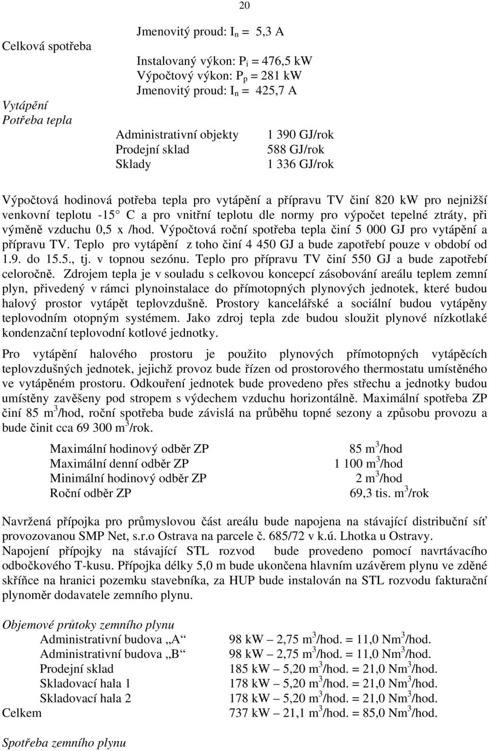 výpočet tepelné ztráty, při výměně vzduchu 0,5 x /hod. Výpočtová roční spotřeba tepla činí 5 000 GJ pro vytápění a přípravu TV.
