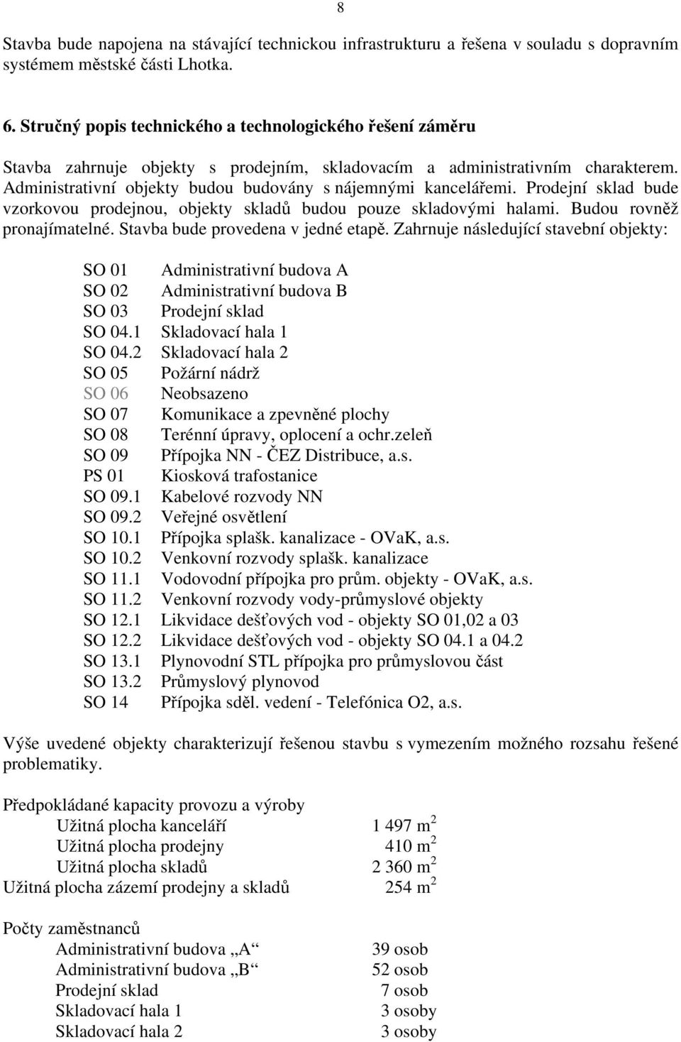 Administrativní objekty budou budovány s nájemnými kancelářemi. Prodejní sklad bude vzorkovou prodejnou, objekty skladů budou pouze skladovými halami. Budou rovněž pronajímatelné.