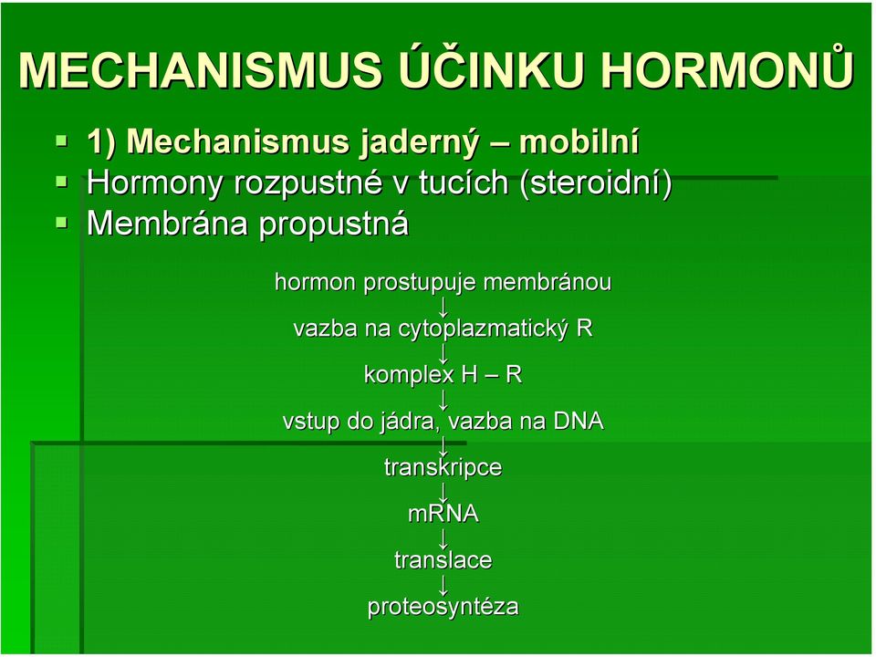 hormon prostupuje membránou vazba na cytoplazmatický R komplex H
