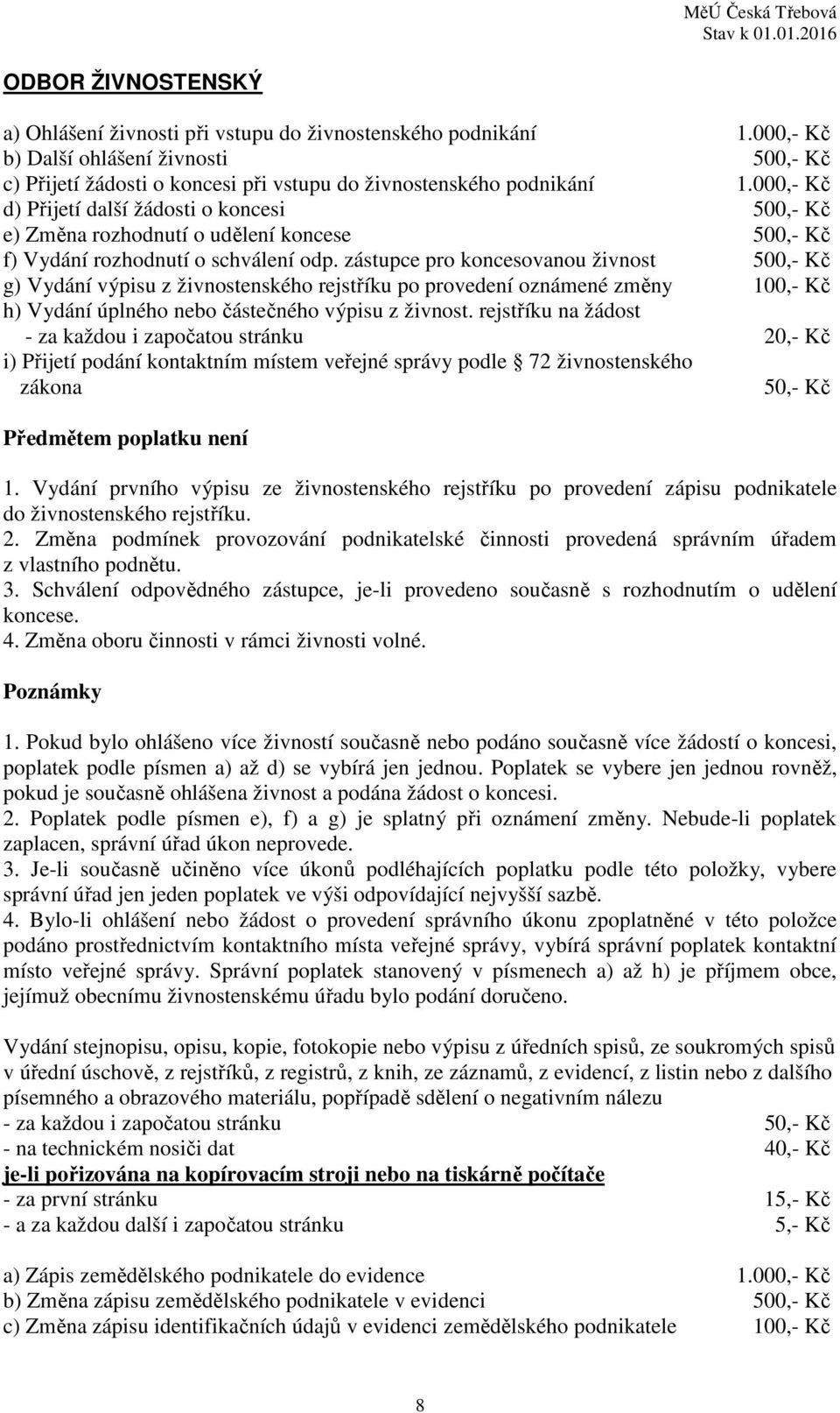 zástupce pro koncesovanou živnost g) Vydání výpisu z živnostenského rejstříku po provedení oznámené změny h) Vydání úplného nebo částečného výpisu z živnost.