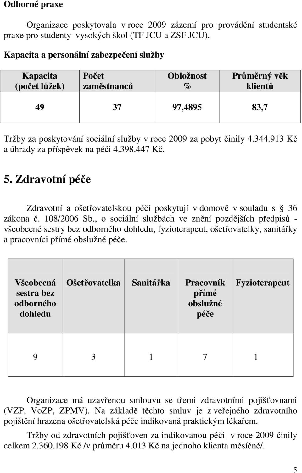 4.344.913 Kč a úhrady za příspěvek na péči 4.398.447 Kč. 5. Zdravotní péče Zdravotní a ošetřovatelskou péči poskytují v domově v souladu s 36 zákona č. 108/2006 Sb.