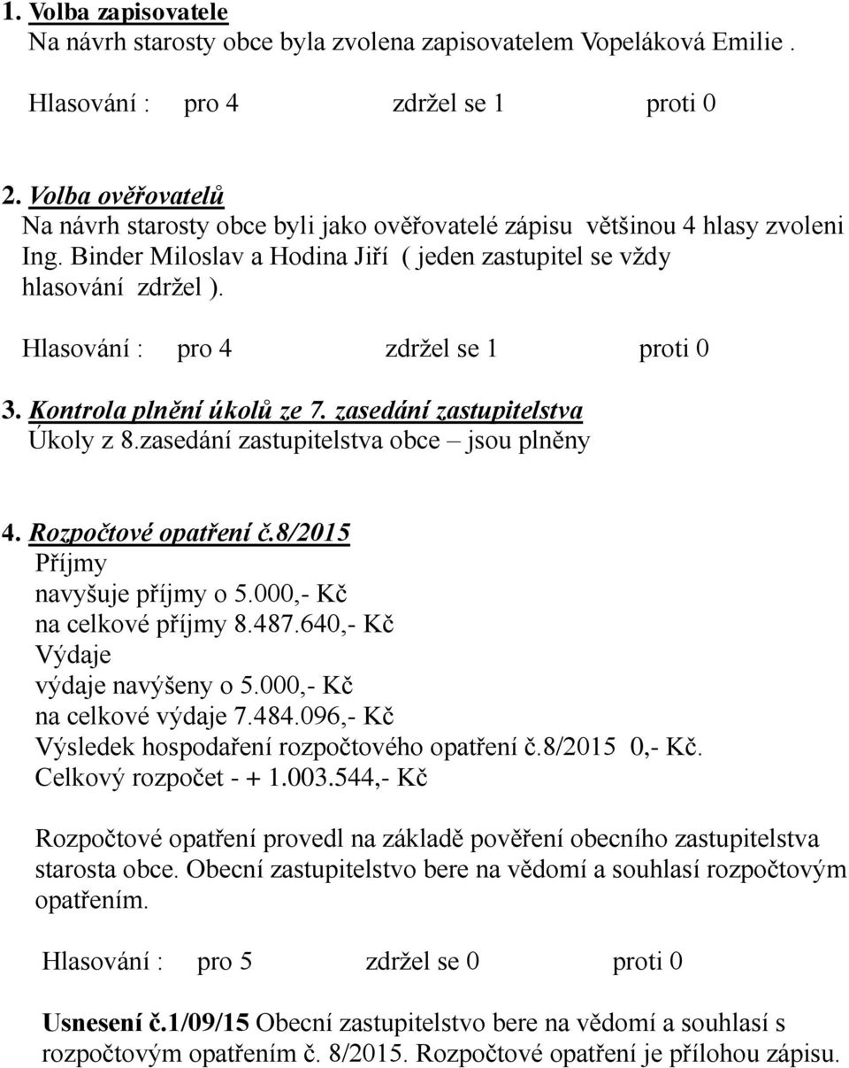 Hlasování : pro 4 zdržel se 1 proti 0 3. Kontrola plnění úkolů ze 7. zasedání zastupitelstva Úkoly z 8.zasedání zastupitelstva obce jsou plněny 4. Rozpočtové opatření č.