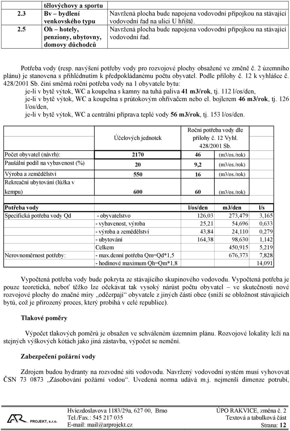 2 územního plánu) je stanovena s přihlédnutím k předpokládanému počtu obyvatel. Podle přílohy č. 12 k vyhlášce č. 428/2001 Sb.