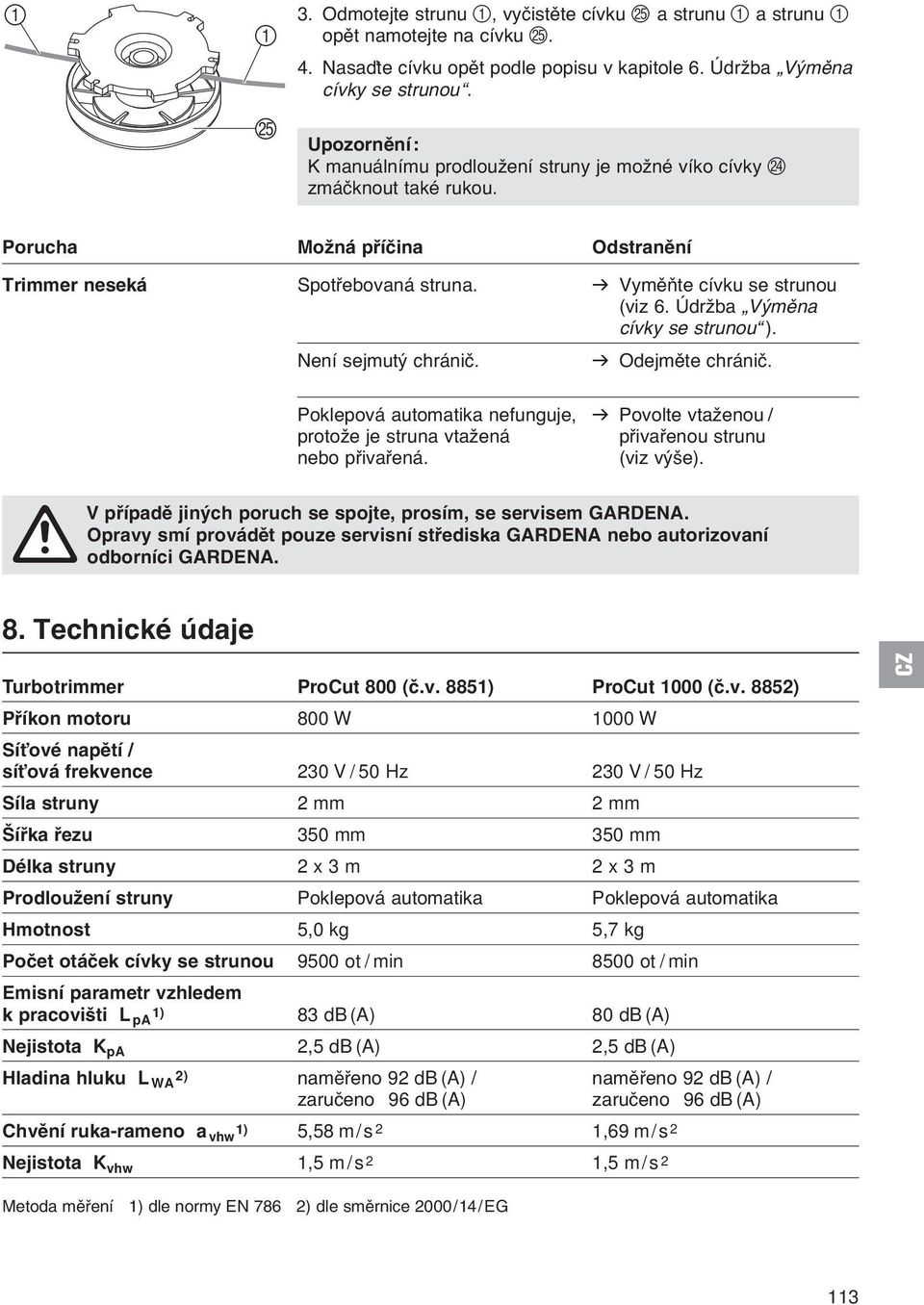 Údržba Výměna cívky se strunou ). Není sejmutý chránič. v Odejměte chránič. Poklepová automatika nefunguje, v Povolte vtaženou / protože je struna vtažená přivařenou strunu nebo přivařená. (viz výše).