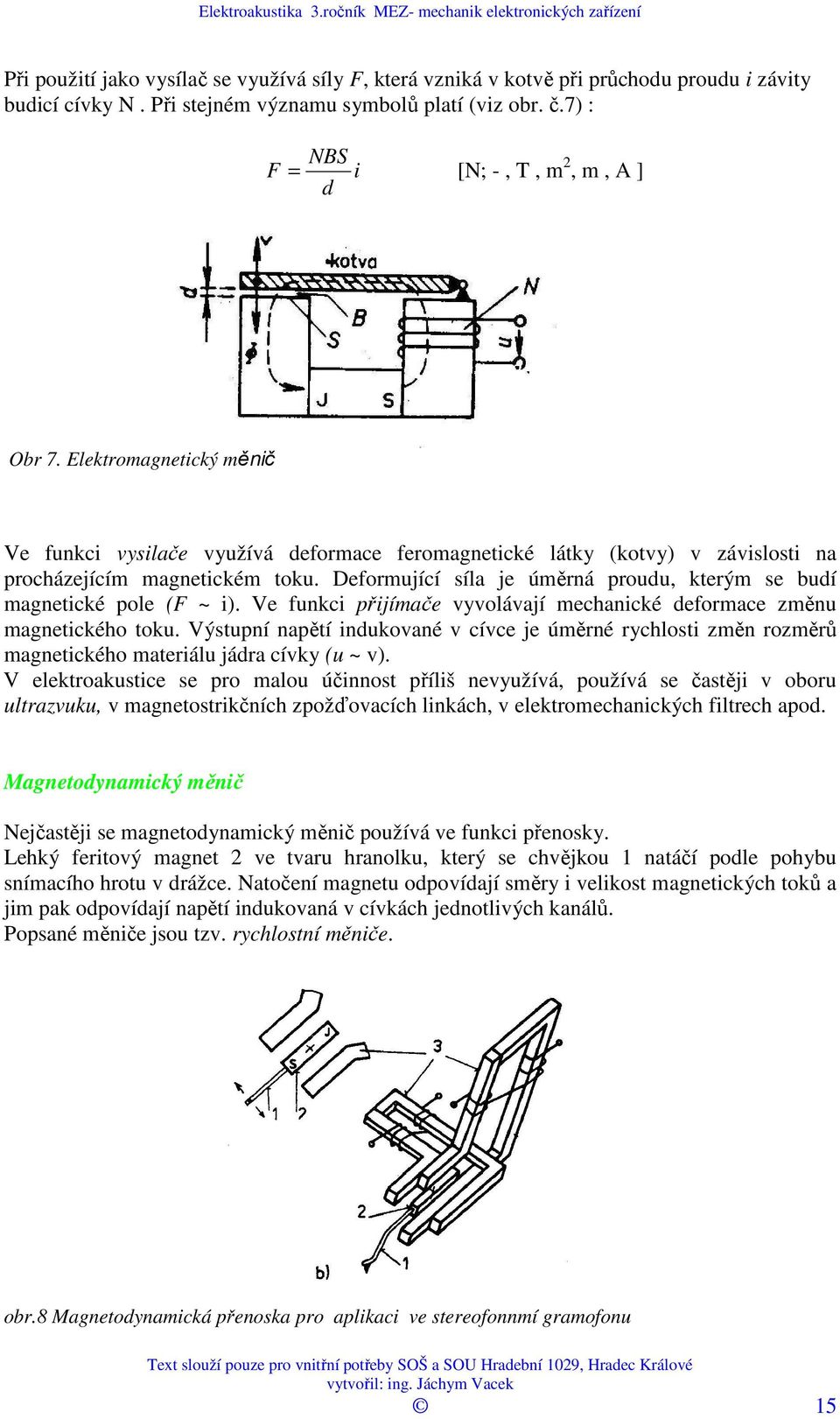 Deformující síla je úměrná proudu, kterým se budí magnetické pole (F ~ i). Ve funkci přijímače vyvolávají mechanické deformace změnu magnetického toku.