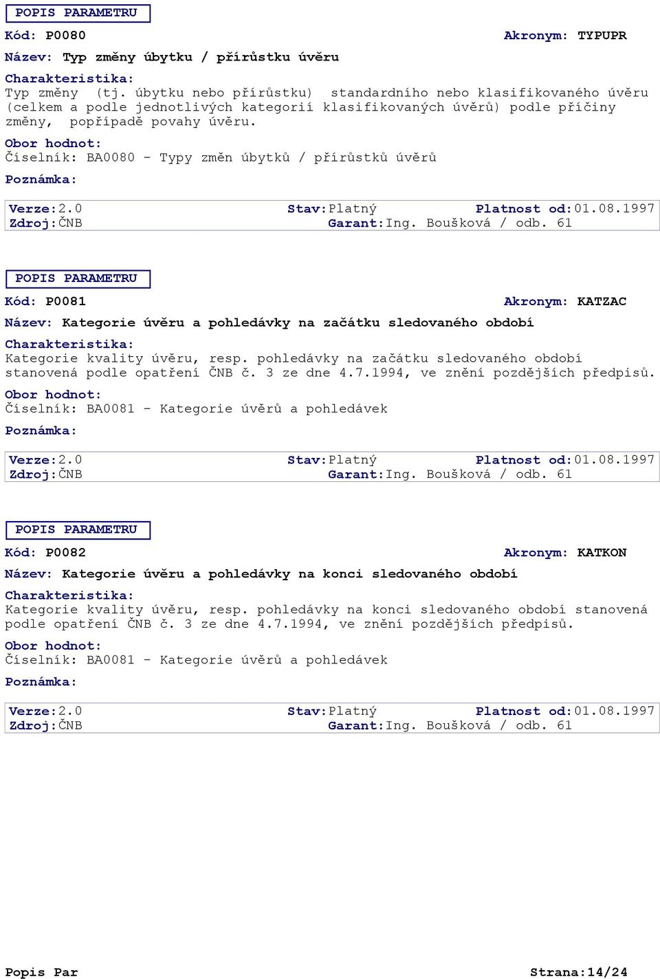 1997 P0081 Kategorie úvěru a pohledávky na začátku sledovaného období Číselník: BA0081 - Kategorie úvěrů a pohledávek KATZAC Kategorie kvality úvěru, resp.