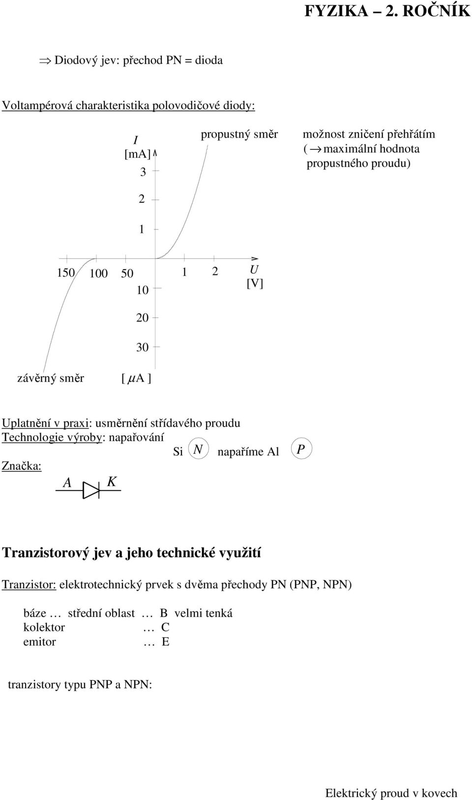 střídavého proudu Technologie výroby: napařování Si N napaříme l Značka: K P Tranzistorový jev a jeho technické využití